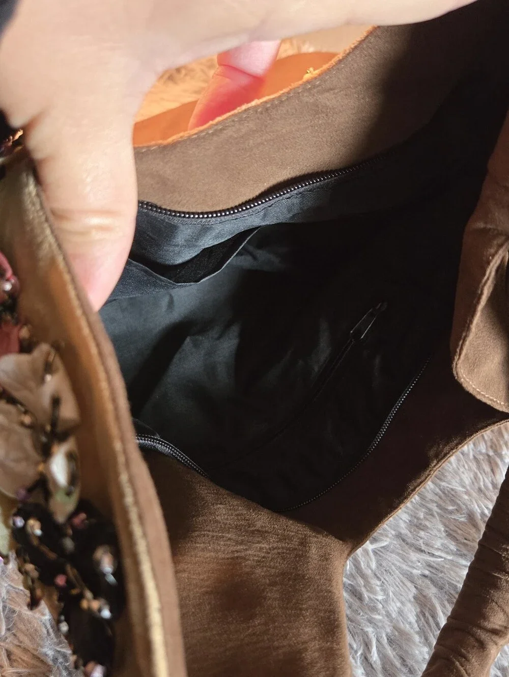 Suede Type Brown Boho bag with Floral Embellishments